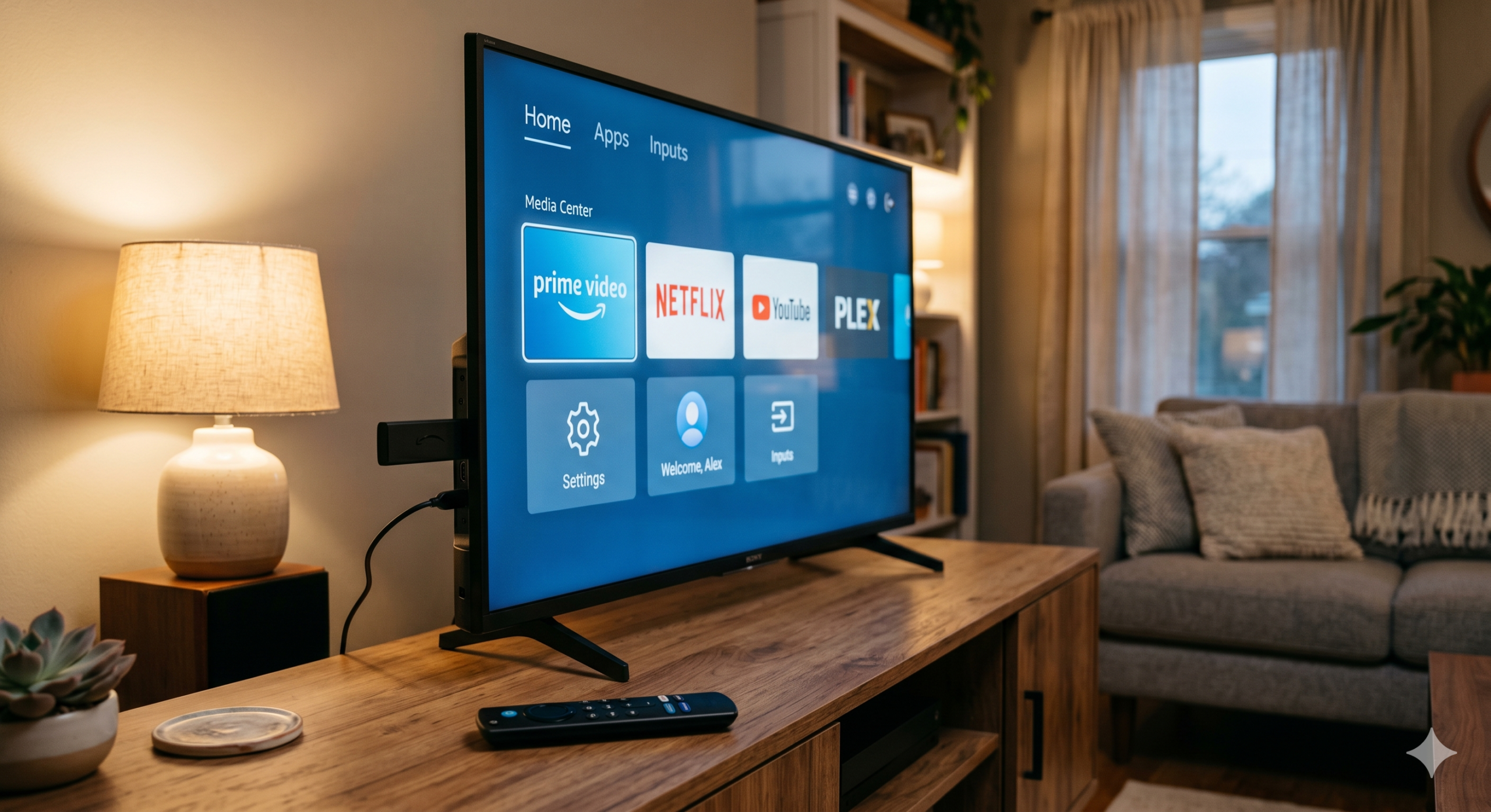 Streaming stick with the best VPN for IPTV app running on a TV screen in a modern living room