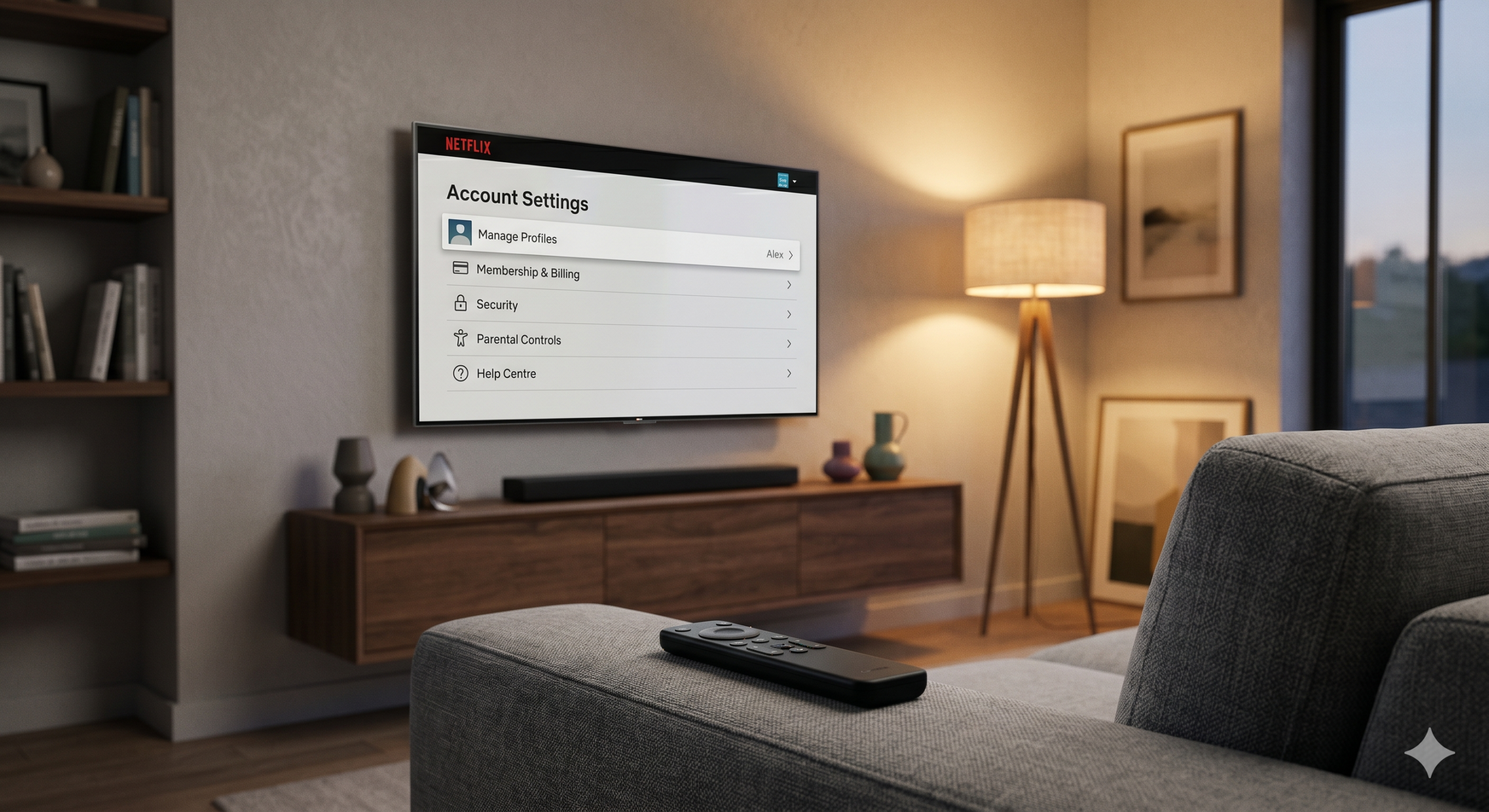 Netflix password sharing settings screen on a smart TV in a living room with a remote on the couch